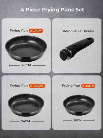 Set 3 tigăi cu mâner detașabil 20/24/28cm ceramică antiaderentă Inducție & cuptor [1]