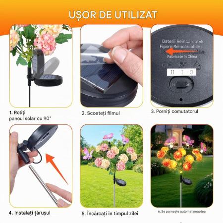 Set 2 Lampi Solare Grădină Hortensie cu Fluture, LED, IP65, Aprindere Automată, 8-10 Ore [5]