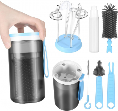 Biberoane, tetine si accesorii - Set 6 in 1 perii curatare biberoane nou nascuti cu suport de uscare si transport