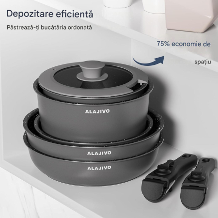 Set 17 piese oale cu mâner detașabil, ceramică antiaderentă Inducție & cuptor, gri [2]