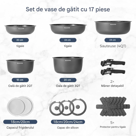 Set 17 piese oale cu mâner detașabil, ceramică antiaderentă Inducție & cuptor, gri [1]