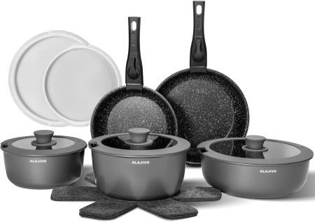 USTENSILE PREPARARE - Set 17 piese oale cu mâner detașabil, ceramică antiaderentă Inducție & cuptor, gri