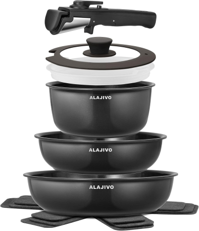 USTENSILE PREPARARE - Set 9 piese oale cu mâner detașabil, ceramică antiaderentă Inducție & cuptor, negre
