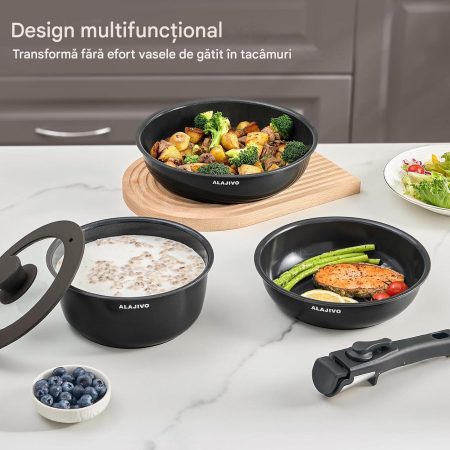 Set 9 piese oale cu mâner detașabil, ceramică antiaderentă Inducție & cuptor, negre [7]
