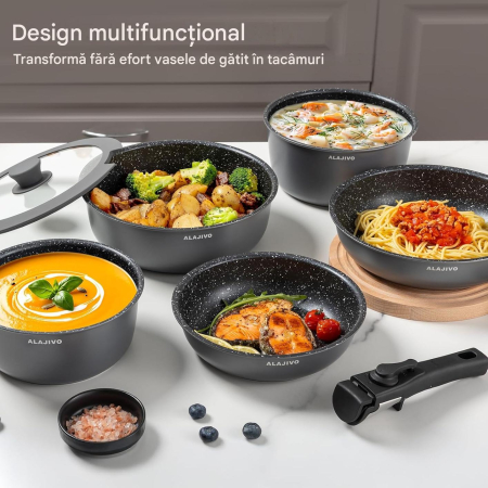 Set 17 piese oale cu mâner detașabil, ceramică antiaderentă Inducție & cuptor, gri [6]