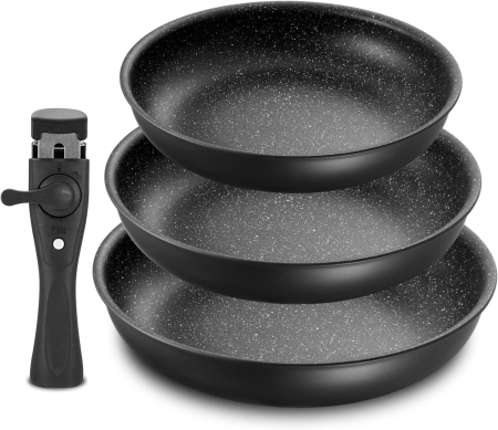USTENSILE PREPARARE - Set 3 tigai cu mâner detașabil, ceramică antiaderentă Inducție & cuptor, negre