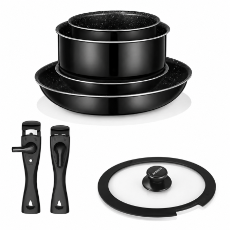 USTENSILE PREPARARE - Set 7 piese oale cu mâner detașabil, ceramică antiaderentă Inducție & cuptor, negre