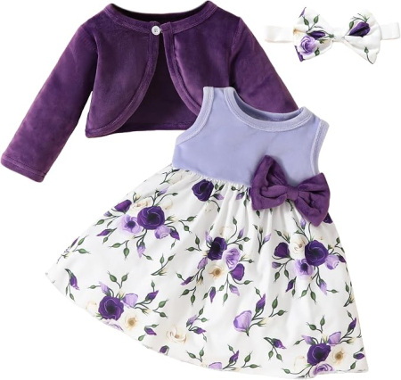 Rochii fete - Set mov Fetițe 2 Piese, Rochie Florală și Cardigan din Catifea, Mâneci Lungi, 9-12 luni