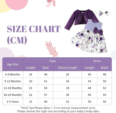 Set mov Fetițe 2 Piese, Rochie Florală și Cardigan din Catifea, Mâneci Lungi, 9-12 luni [5]