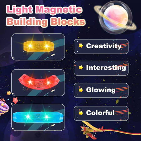 Set de constructie 3D, 52 elemente magnetice luminate LED, culori inspirate din galaxie, pentru copii 3+ ani [4]