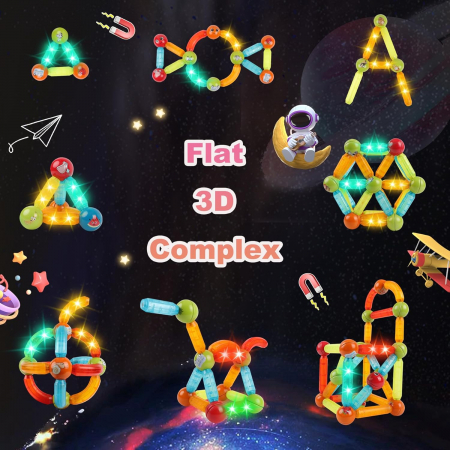 Set de constructie 3D, 52 elemente magnetice luminate LED, culori inspirate din galaxie, pentru copii 3+ ani [3]