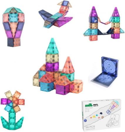 JUCARII - Set de constructie 3D, 56 elemente magnetice, design poliprezent, culori inspirate din galaxie, pentru copii 3+ ani
