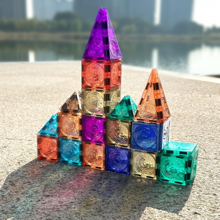 Set de constructie 3D, 56 elemente magnetice, design poliprezent, culori inspirate din galaxie, pentru copii 3+ ani [2]
