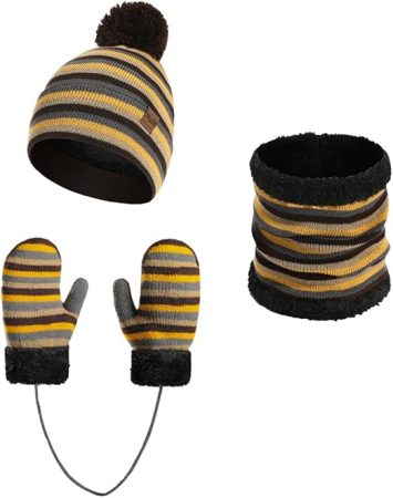 Manusi copii - Set Iarnă Copii 3 Piese maro/gri/galben, Căciulă, Fular și Mănuși, Tricot Acrilic, Căptușit, marime unica M