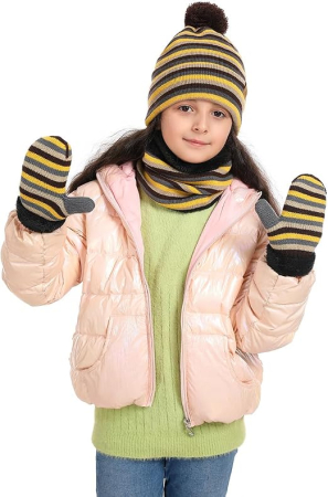 Set Iarnă Copii 3 Piese maro/gri/galben, Căciulă, Fular și Mănuși, Tricot Acrilic, Căptușit, marime unica M [1]