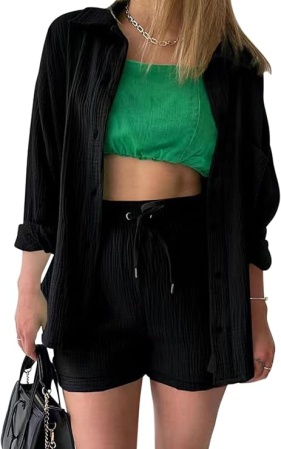 COSTUME 2 PIESE - Set negru de Damă 2 Piese din Bumbac, Cămașă cu Mâneci Lungi și Pantaloni Scurți, Casual, S