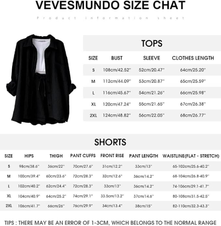 Set negru de Damă 2 Piese din Bumbac, Cămașă cu Mâneci Lungi și Pantaloni Scurți, Casual, S [1]
