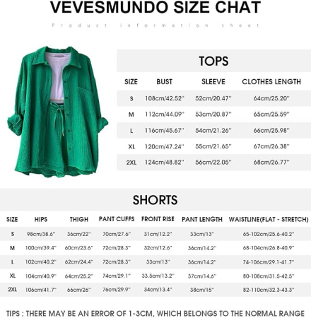 Set verde de Damă 2 Piese din Bumbac, Cămașă cu Mâneci Lungi și Pantaloni Scurți, Casual, S [1]