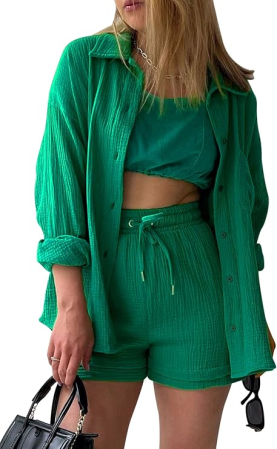 Set verde de Damă 2 Piese din Bumbac, Cămașă cu Mâneci Lungi și Pantaloni Scurți, Casual, S [6]