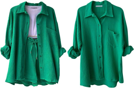 Set verde de Damă 2 Piese din Bumbac, Cămașă cu Mâneci Lungi și Pantaloni Scurți, Casual, S [4]