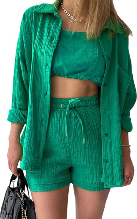 COSTUME 2 PIESE - Set verde de Damă 2 Piese din Bumbac, Cămașă cu Mâneci Lungi și Pantaloni Scurți, Casual, S