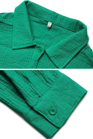 Set verde de Damă 2 Piese din Bumbac, Cămașă cu Mâneci Lungi și Pantaloni Scurți, Casual, S [2]