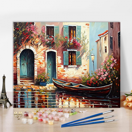 PICTURA - Set pictura in ulei, pe numere, pentru copii si adulti, Barca cu flori 16x20 cm