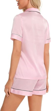 Pijama roz Damă, Satinată, 2 Piese, Cămașă cu Nasturi și Pantaloni Scurți, L [4]