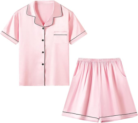 Pijama roz Damă, Satinată, 2 Piese, Cămașă cu Nasturi și Pantaloni Scurți, L [1]