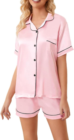 Pijamale dama - Pijama roz Damă, Satinată, 2 Piese, Cămașă cu Nasturi și Pantaloni Scurți, L