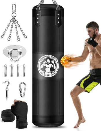 APARATE FITNESS - Sac de Box Neumplut, Material Oxford, Mănuși Incluse, Lanț și Cârlig Rotativ 360°, MMA/Kickboxing