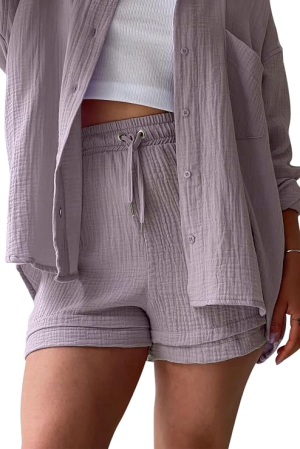 Set mov de Damă 2 Piese din Bumbac, Cămașă cu Mâneci Lungi și Pantaloni Scurți, Casual, XL [4]