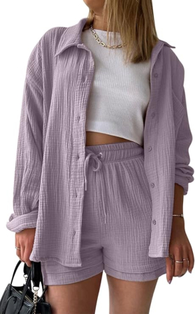 COSTUME 2 PIESE - Set mov de Damă 2 Piese din Bumbac, Cămașă cu Mâneci Lungi și Pantaloni Scurți, Casual, XL
