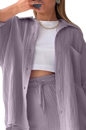 Set mov de Damă 2 Piese din Bumbac, Cămașă cu Mâneci Lungi și Pantaloni Scurți, Casual, XL [5]