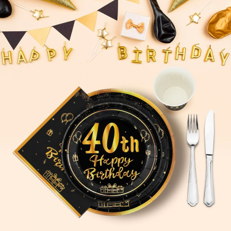 Set vesela unica folosinta pentru petreceri 96 piese 24 invitati-negru cu auriu [3]