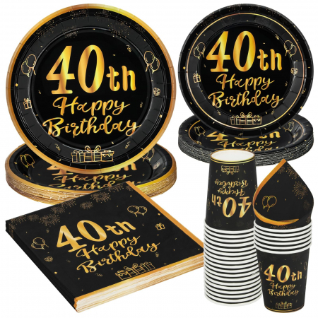 vesela unica folosinta - Set vesela unica folosinta pentru petreceri 96 piese 24 invitati-negru cu auriu