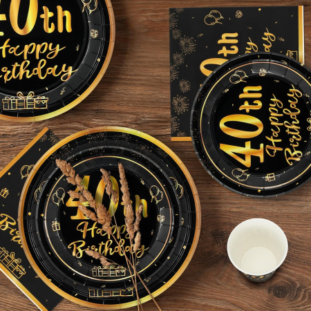Set vesela unica folosinta pentru petreceri 96 piese 24 invitati-negru cu auriu [4]