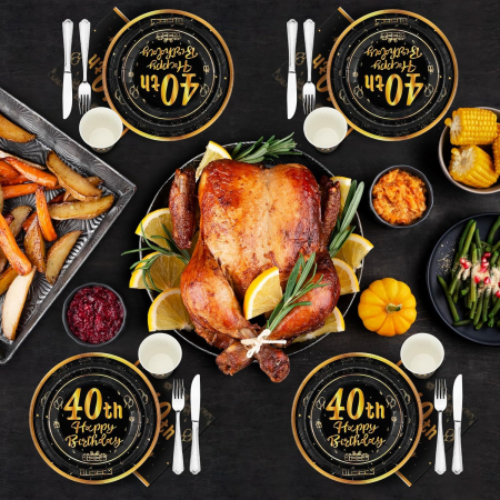 Set vesela unica folosinta pentru petreceri 96 piese 24 invitati-negru cu auriu [6]