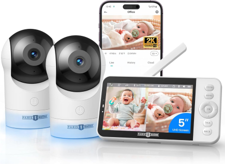 Monitoare video bebelusi - Sistem monitorizarecopii si varstnici cu 2 camere 2K, ecran 5", App control, HD night vision, autonomie acumulatori 5-7 zile