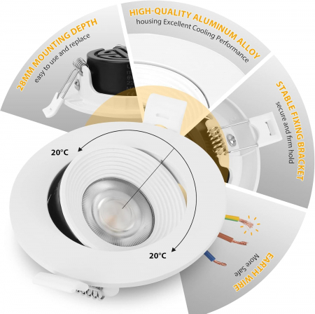 Spot LED exclusiv, încastrat, pivotant, spot LED ultraplat, 230V, lumini încasabile alb cald de 6W, set de 5 [2]