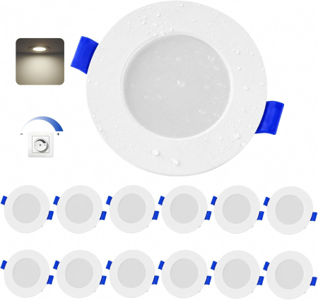 LAMPI PLAFON - Spoturi LED încastrate 12 buc. 4W 370LM dimabile 230V ultra‑plate IP44 decupaj 65–85 mm – Alb neutru 4000K