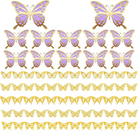 Decoratiuni de perete diferite marimi, fluturi mov auriu, set 72 bucati [1]