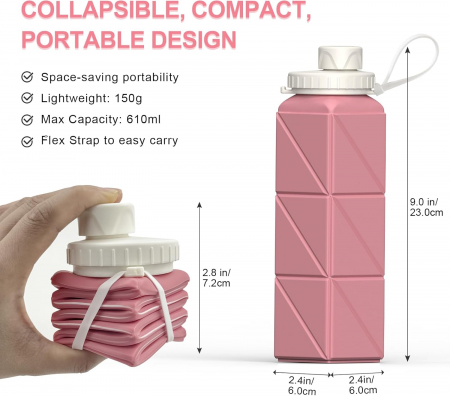 Sticla de apa din silicon, reutilizabila, portabila, pliabila, fara BPA, Roz 610 ml [2]