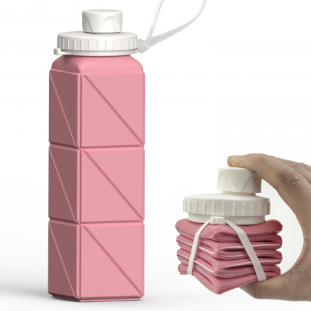 accesorii sportive - Sticla de apa din silicon, reutilizabila, portabila, pliabila, fara BPA, Roz 610 ml