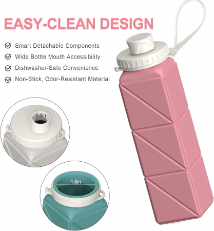 Sticla de apa din silicon, reutilizabila, portabila, pliabila, fara BPA, Roz 610 ml [4]