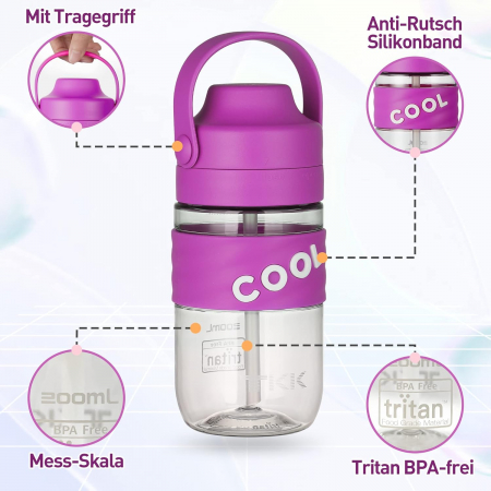 Sticla de apa din plastic fara BPA, cu maner transport, pai, 500 ml Mov [5]