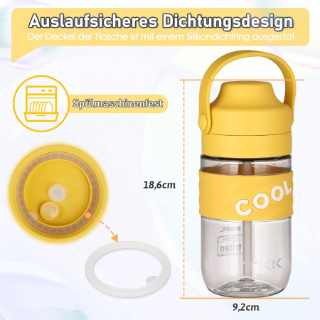 Sticla de apa din plastic fara BPA, cu maner transport, pai, 500 ml Galbena [4]