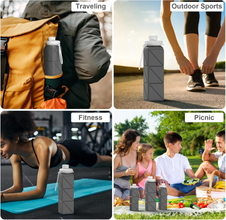 Sticla de apa din silicon, reutilizabila, portabila, pliabila, fara BPA, Gri 610 ml 7.29 x 7.29 x 7.62 cm; 145.15 grame [2]