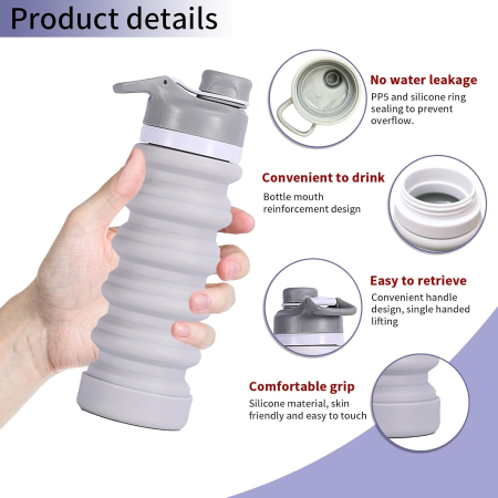 Sticla de apa din silicon, reutilizabila, portabila, pliabila, fara BPA, gri 550ml [4]