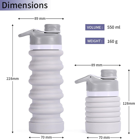Sticla de apa din silicon, reutilizabila, portabila, pliabila, fara BPA, gri 550ml [3]